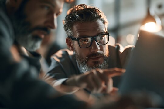 Zwei IT-Spezialisten analysieren gemeinsam Informationen auf einem Laptop im modernen B&uuml;ro