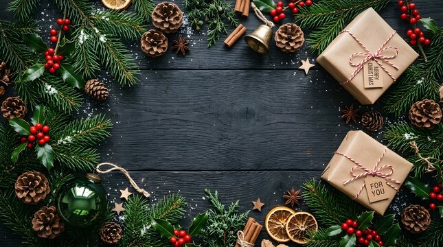 Rustic christmas wreath frame with gift boxes and pine cones on a dark wooden background for holiday greeting cards