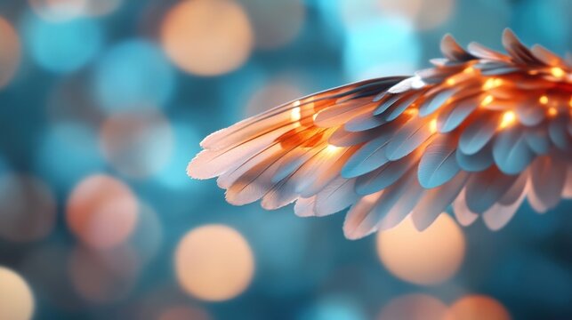 Close-up of a glowing feather with bokeh lights in the background.