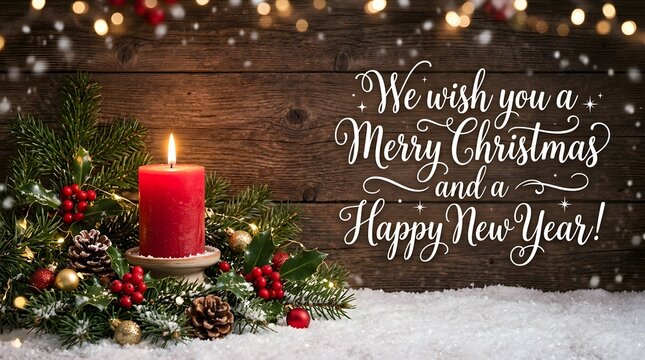 A beautiful christmas greeting card with a burning red candle and festive holiday decorations on a rustic wooden background