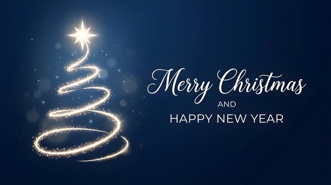 Abstract glowing spiral christmas tree design with merry christmas and happy new year text on blue background