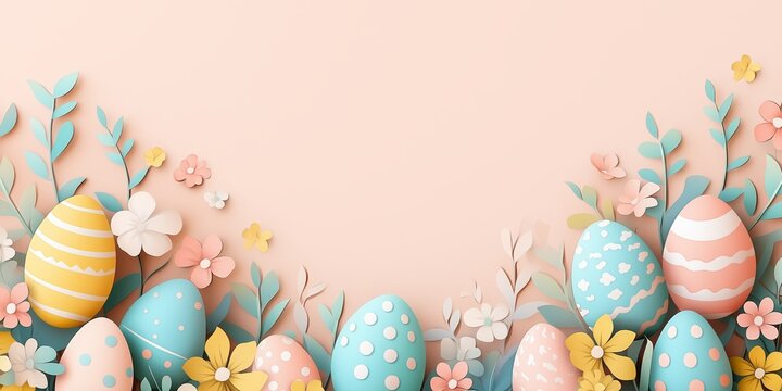 Pastel Easter eggs and flowers arranged in a paper craft border on a soft peach background.