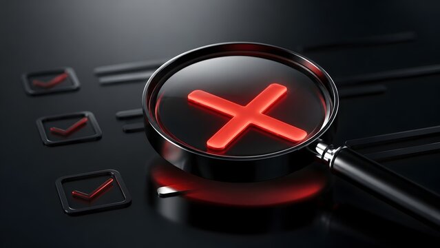 Magnifying glass focusing on a glowing red cross mark over a checklist representing rejection error and failed quality control