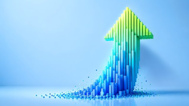 3D pixelated bar chart forming a large upward pointing arrow representing financial growth business success and statistical progress
