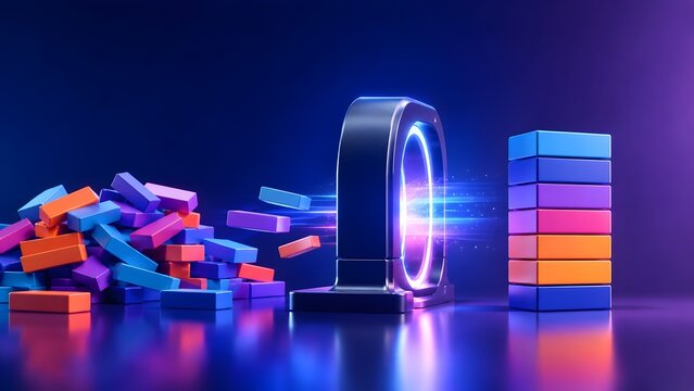 Colorful scattered blocks passing through a futuristic glowing portal to form an organized stack representing data processing