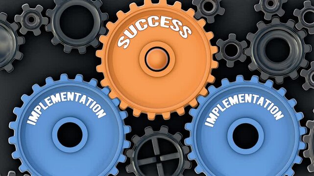 Implementation powers success. It's the driving force that turn Success into reality. Implementation sets success in motion. Engine gears metaphor. Made for humans by humans, no AI