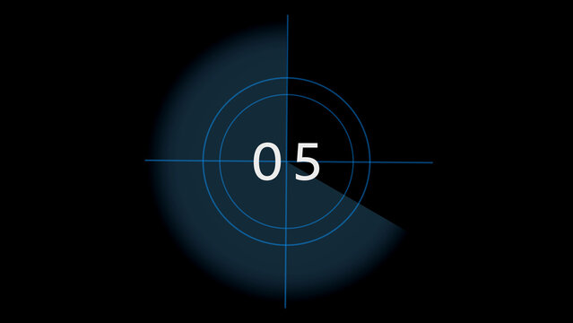 Vintage countdown leader featuring the number five in white on a dark background with blue concentric circles and crosshairs, signifying a reel start or transition point in cinema production and