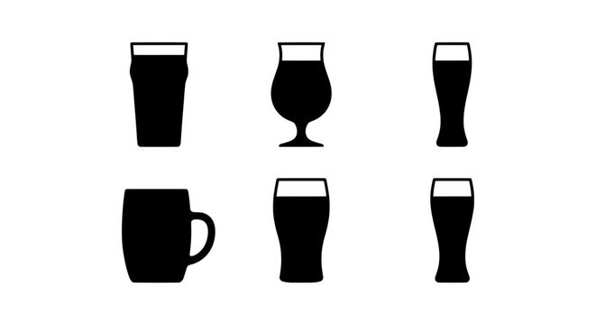 Diverse Beer Glass Icons Set, Pint, Tulip, Pilsner, Mug, Craft Beverage Drinkware Vector Collection, Bar and Pub Elements