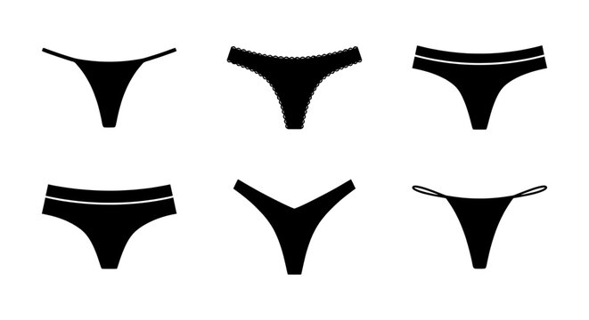 Black Thong Panty Styles Vector Set, Minimalist Underwear Icons, Lingerie Fashion Silhouettes for Apparel Design and E-commerce