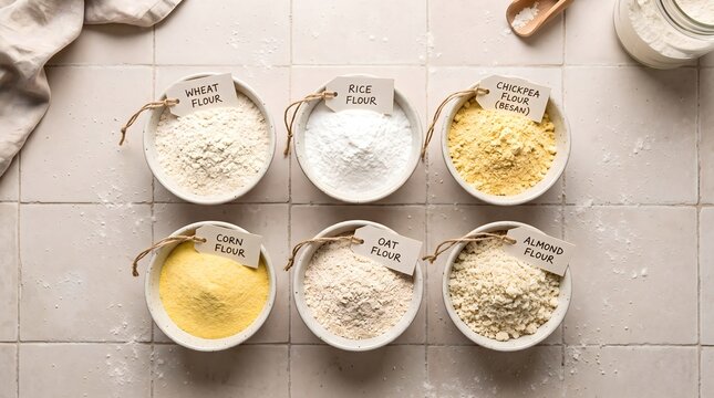 Assorted Flour Types in Bowls with Wheat Rice Chickpea Corn Oat and Almond