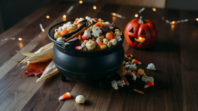 Black cauldron filled with halloween candy, popcorn, and sweets with a glowing jack o lantern pumpkin on a wooden table, festive scene