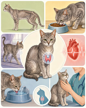 Feline hyperthyroidism symptoms and veterinary care illustration