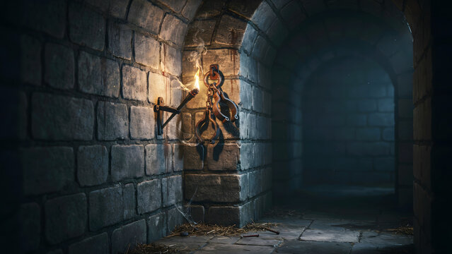 Dark dungeon corridor with a lit wall torch and metal shackles hanging on a brick wall in a gloomy, mysterious, and ancient stone setting