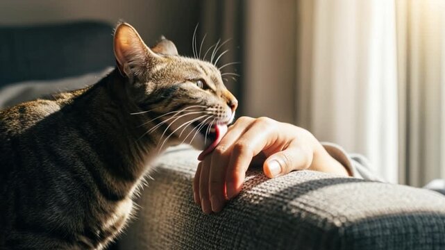 温かい光の中で飼い主の手をやさしく舐めるキジトラ猫の癒やしの日常