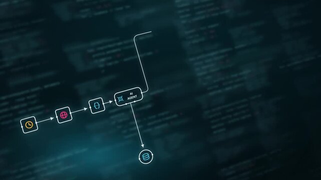 Dynamic AI Agent Workflow Animation Featuring Code and Data Flow with Cyan and Dark Tones, Evoking a Sense of Technology and Innovation
