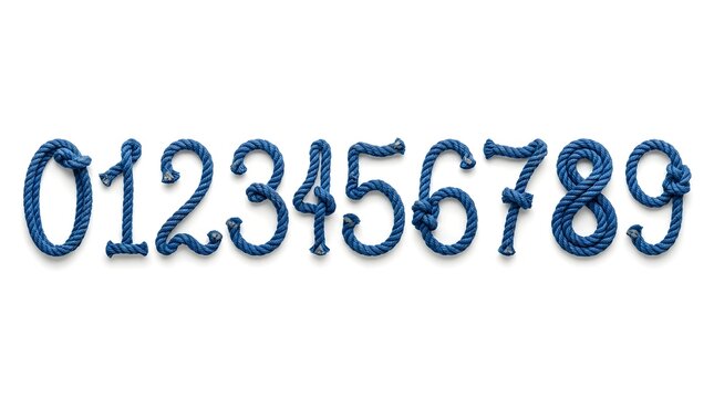 Set of numbers from 0 to 9 made of blue nautical rope on a white background