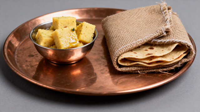 Copper tray with steamed dhokla and wrapped thepla, Indian snack preparation concept