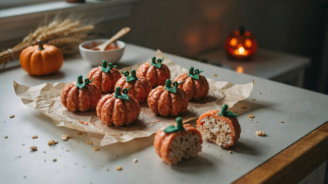 Homemade pumpkin shaped rice crispy treats on parchment paper in a kitchen with a small real pumpkin and a glowing jack o lantern nearby