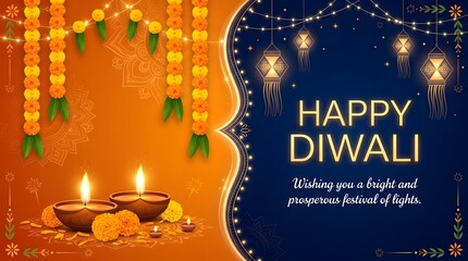 Naklejka premium Happy diwali greeting card with traditional oil lamps and marigold flower decorations on orange background