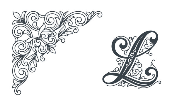 Ornate Flourish Corner and Decorative Letter L, Vintage Swirl Design