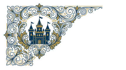 Naklejka premium Ornate Regal Castle Emblem with Decorative Flourishes