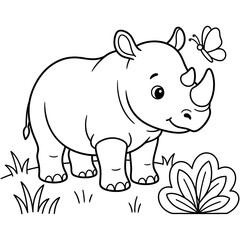 Fototapeta premium Cute cartoon rhinoceros with a butterfly near grass isolated on white background