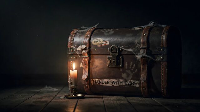 Old leather trunk with metal buckles and a handle with care label sitting on a wooden floor next to a lit candle in a dark, dusty room