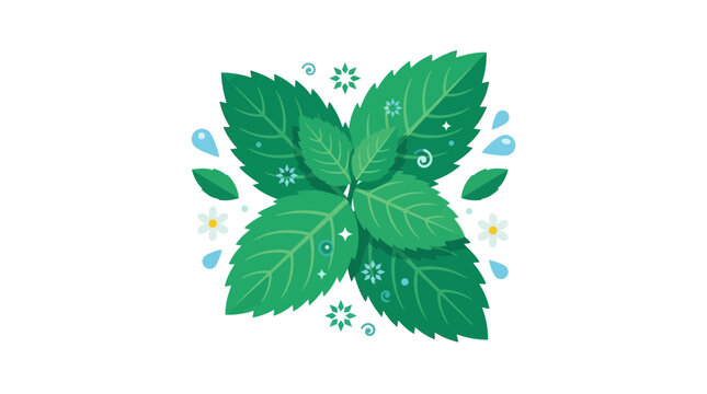 Symmetrical spearmint leaves with floral accents.