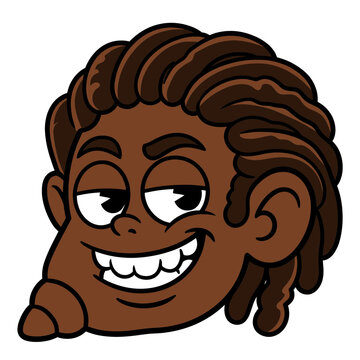 Vector cartoon illustration of a smiling African man head with dreadlocks isolated on white background