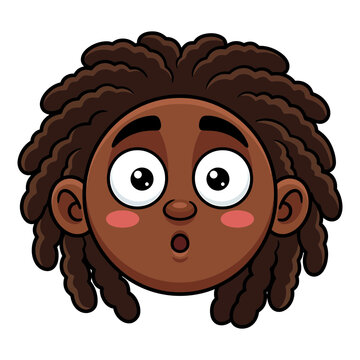 Vector cartoon illustration of a surprised African American kid face with dreadlocks, wide eyes, and an open mouth for design projects