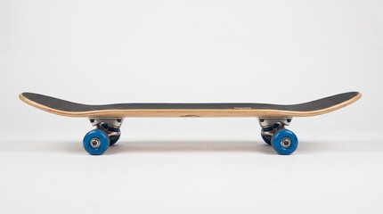 Professional skateboard with blue wheels on white background, side view of wooden skate deck, urban extreme sports equipment for youth lifestyle © Rafay
