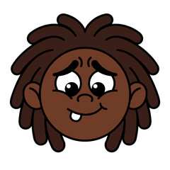 Obraz premium Funny cartoon illustration of an African American man with dreadlocks, cunning expression, and cheeky smirk face avatar vector graphic