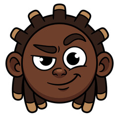 Cartoon illustration of a young African boy with dark dreadlocks showing a cheeky expression