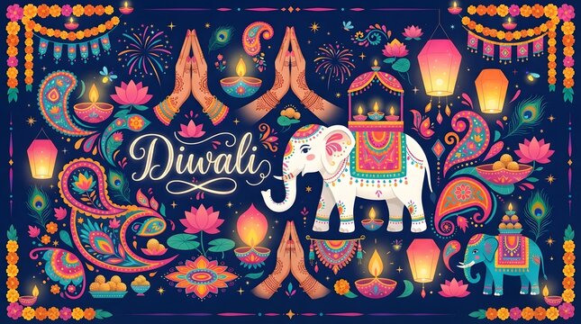 Festive diwali greeting card design with traditional elephant illustration and glowing oil lamps on dark background