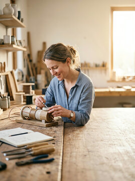 Woman crafting wooden spool device in bright artisan workshop
