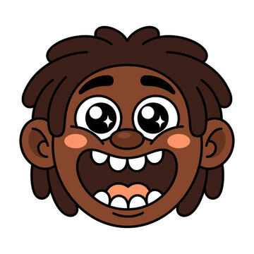 Surprised young African boy cartoon character with dreadlocks and wide eyes showing a shocked facial expression on a white background