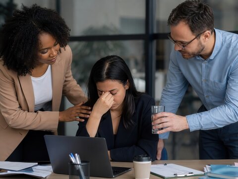 Kollegiale Unterst&uuml;tzung im B&uuml;ro &ndash; Zwei Kollegen k&uuml;mmern sich um eine ersch&ouml;pfte Mitarbeiterin am Schreibtisch und zeigen Mitgef&uuml;hl, Teamgeist, N&auml;he und echte F&uuml;rsorge im Arbeitsalltag.