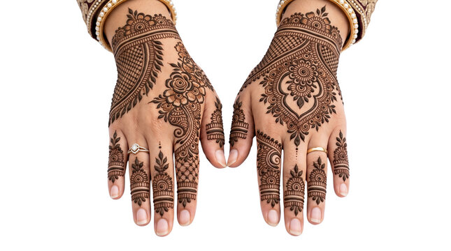 Woman hands with intricate henna tattoo. Bridal mehndi design on isolated white background.