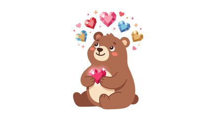 Fototapeta premium Cute Bear Holding Heart with Gemstones and Hearts Floating Around