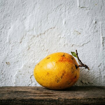 A Bright Yellow Mango with a Small Stem on Weathered Wood Against a Textured White Wall