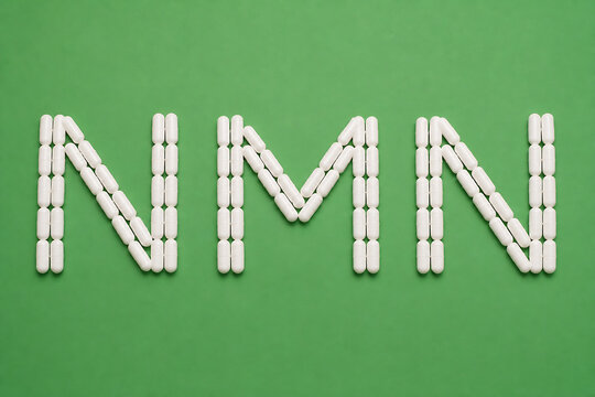 White pills are arranged to spell the letters N M N on a solid green background.