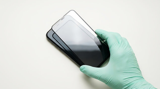 Hand applying clear screen protector to smartphone