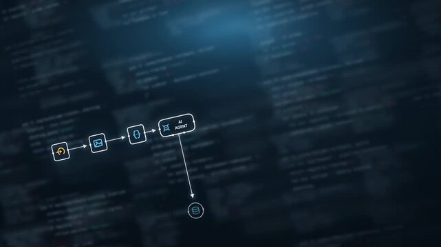 Dynamic AI Agent Workflow Visualization Featuring Glowing Nodes, Code Elements, and Icons in a Dark Futuristic Theme, Ideal for Invoice OCR Applications