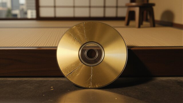 A gold compact disc with cracks rests on a worn tatami mat in a serene traditional Japanese room, surrounded by the subtle elegance of shoji screens and dark wood accents.