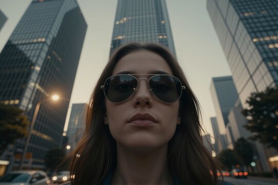 A woman with long, wavy brown hair and gold-framed aviator sunglasses poses centrally in a cityscape at dusk, surrounded by sleek skyscrapers and urban architecture.