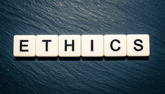 Six white square tiles arranged horizontally on dark textured surface with bold black letters spelling ETHICS symbolizing moral principles values and decision‑making in human conduct