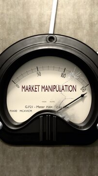 Market manipulation meter showing big levels of market manipulation. Dangerously increasing values of market manipulation, critical overload. Too much, off the charts. Max market manipulation