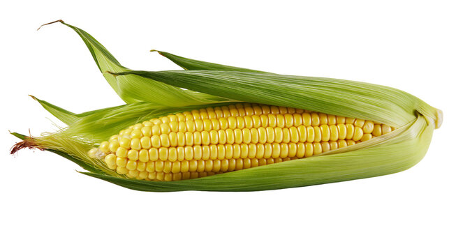 Fresh yellow corn cob with green husks, isolated on transparent background
