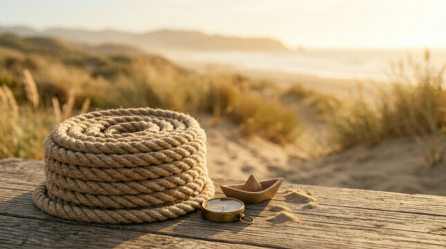 Coiled rope with a compass and toy boat on a beach railing