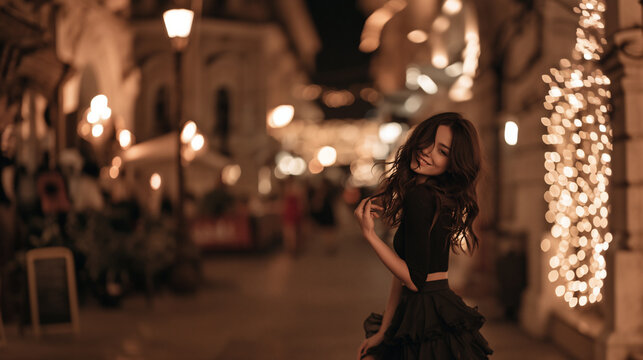 beautiful woman flirting with camera, cute brunette on romantic date, happy stylish woman with charming smile